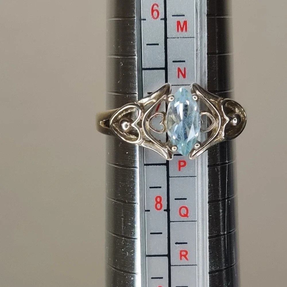Sterling Silver 925 Blue Oval Topaz December Birthstone Ring Double Heart Size 7